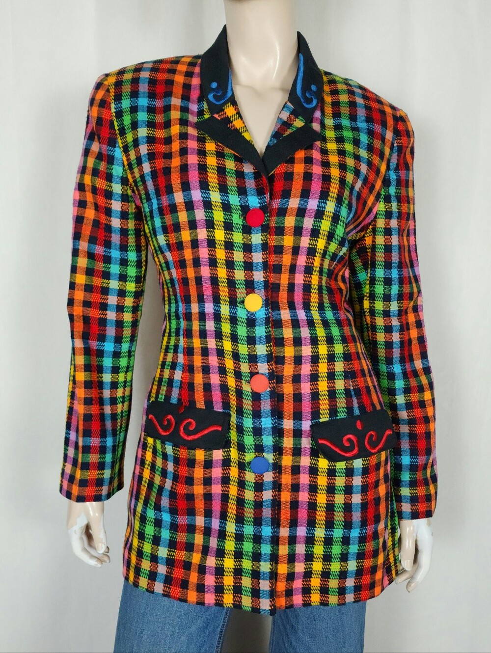 Vtg 80s 90s rainbow check plaid blazer M